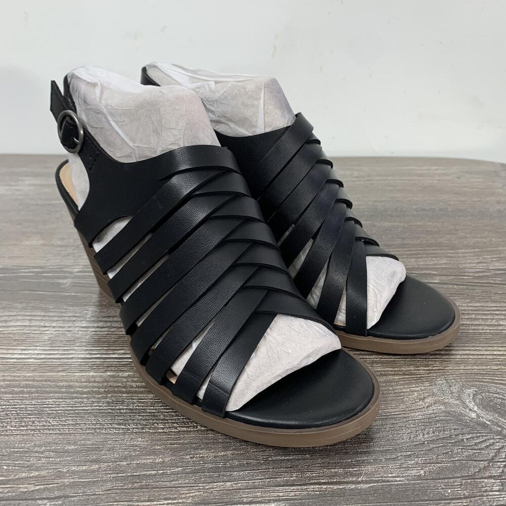 Frye And Co Galia Sandals Womens Size 6M‎ Black Strappy Wedge Heel Shoes
